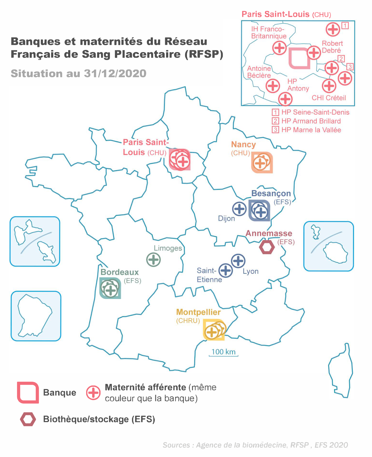 carte de France du réseau Français du Sang Placentaire en octobre 2021