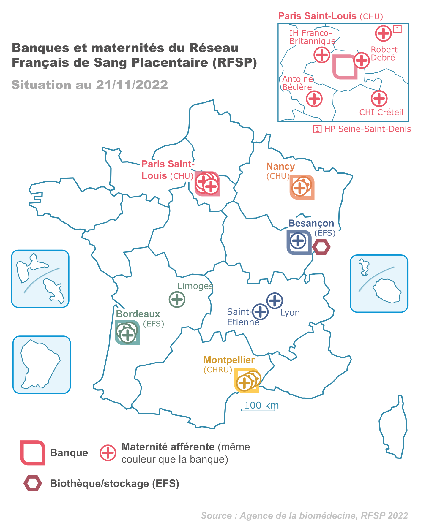 Carte de France du réseau Français du Sang Placentaire